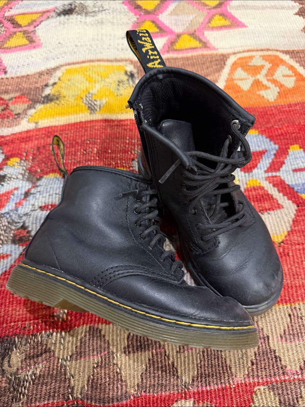 Dr. Martens Black Leather Lace-Up Ankle Boots with Yellow Stitching